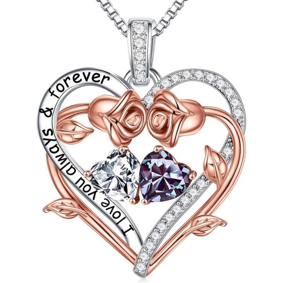 Iefil Rose Heart Double Birthstone Necklace Gifts for Wife Her Mom Women, Birthstone Jewelry Gemstone Birthday Gifts for Girlfriend Grandma Her Wife Women