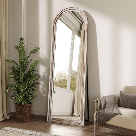 Arch Full Length Mirror, 63"x 21" Wood Frame Floor Mirror with Stand for Bedroom, Living Room Home Decor, Farmhouse Full Body Mirror, Rustic White