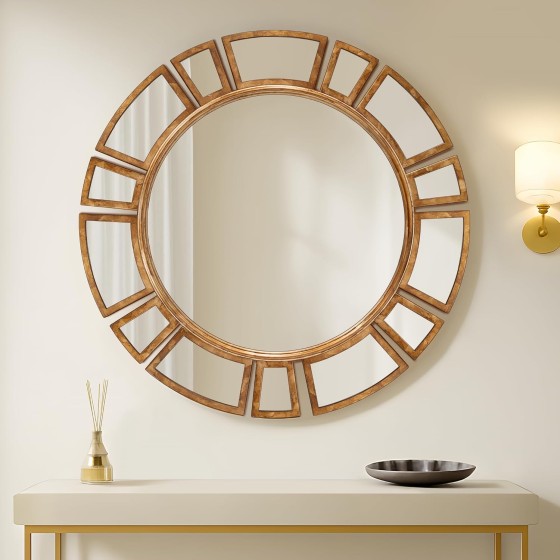 30" Round Wall Mirror with Gold Metal Frame, Art Deco Glam Sunburst Decorative Mirror for Living Room, Entryway, Vanity, Accent Wall Decor